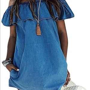 Off the shoulder, ruffled denim mini dress.